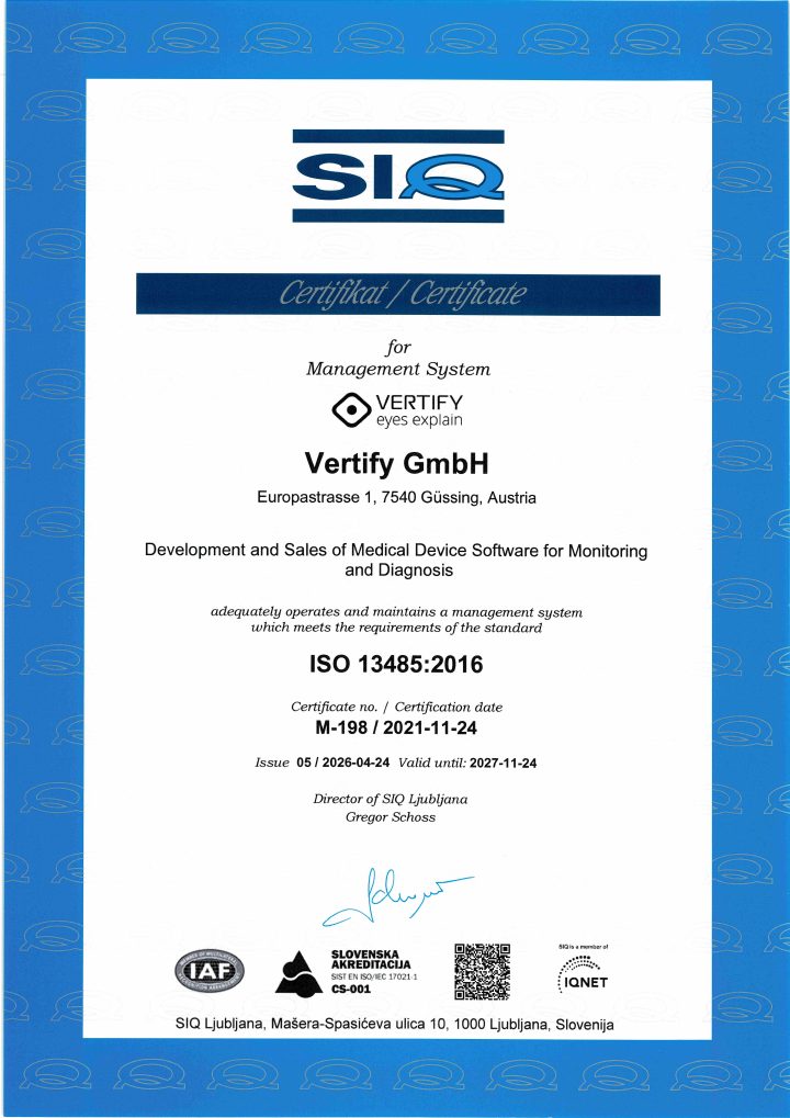 First page of the ISO 13485:2016 certificate M-198, issue 05, issued by SIQ Ljubljana